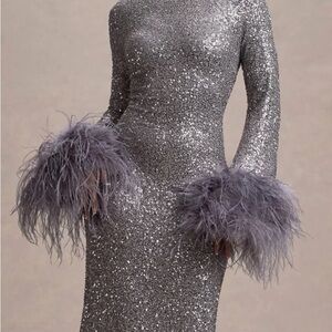 Silver Sequin Dress with Feather Cuffs